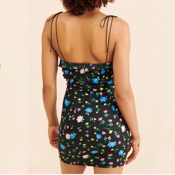 For love and Lemons Robin Floral Black Linen Tie Straps Mini Dress Size M - Picture 3 of 7